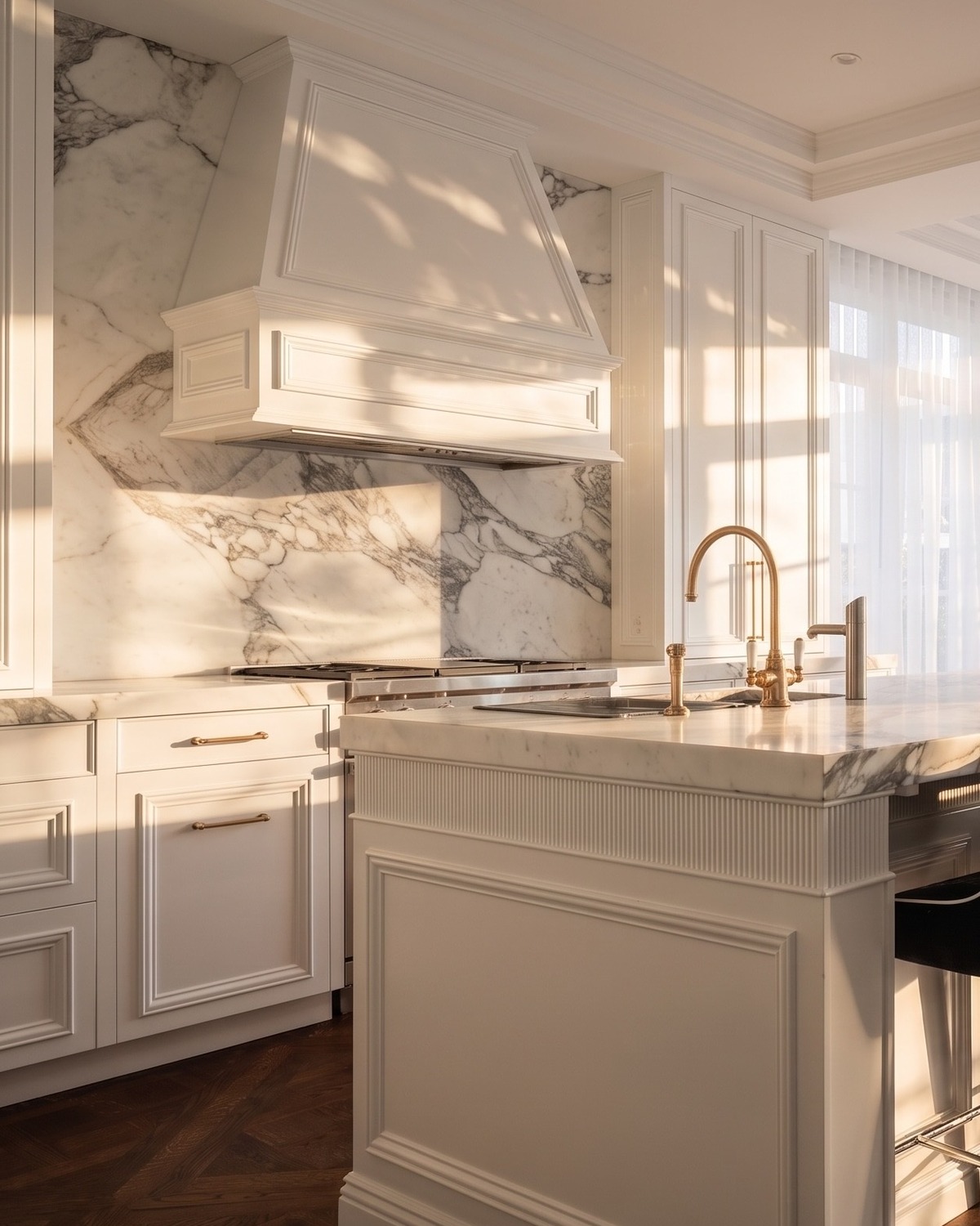 Marble fireplace and built-in bookcase